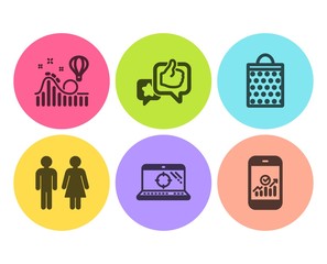 Seo laptop, Like and Roller coaster icons simple set. Restroom, Shopping bag and Smartphone statistics signs. Search engine, Star rating. Flat seo laptop icon. Circle button. Vector