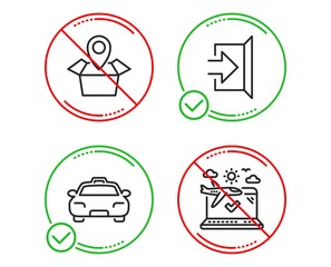 Do or Stop. Package location, Exit and Taxi icons simple set. Airplane travel sign. Delivery tracking, Escape, Passengers transport. Check in. Transportation set. Line package location do icon