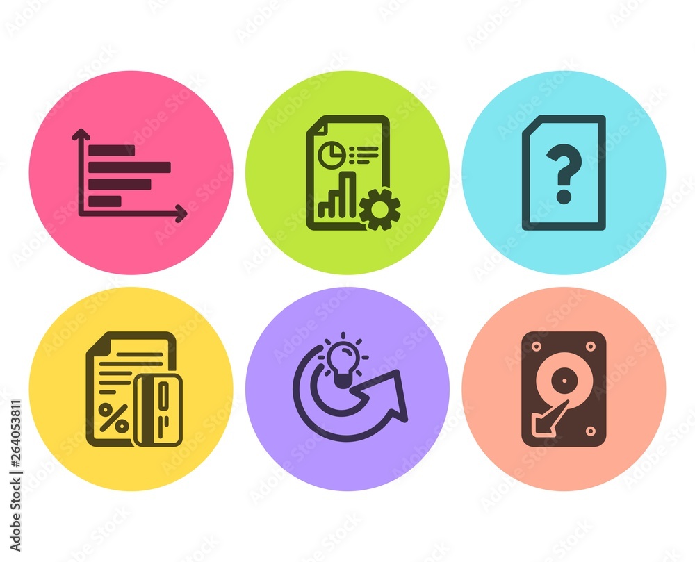 Poster credit card, unknown file and report icons simple set. horizontal chart, share idea and hdd signs. l