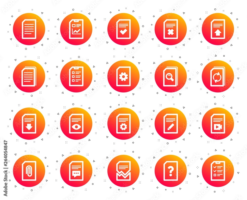 Poster document management icons. set of report, checklist and copy icons. download file, remove and attach