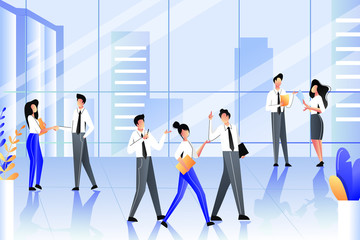 Business people in modern building of corporate office. Team communication, meetings, work process. Vector illustration