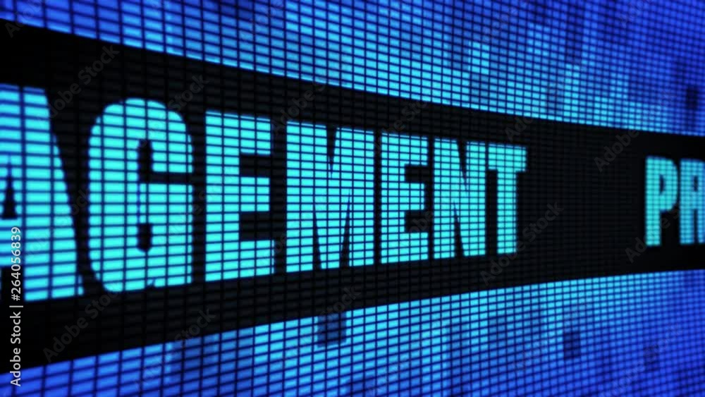 Poster project management side text scrolling on light blue digital led display board pixel light screen lo