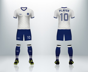 3D realistic mock up of front and back of soccer jersey shirt. Concept for soccer team uniform or football apparel mockup. white soccer kit t-shirt template design in vector illustration.