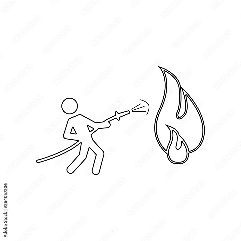 Poster fireman holding hose extinguishing fire with water icon. element of fireman for mobile concept and w