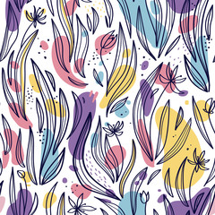 Fototapeta na wymiar Seamless pattern of abstract leaves, flowers and spots on a white background