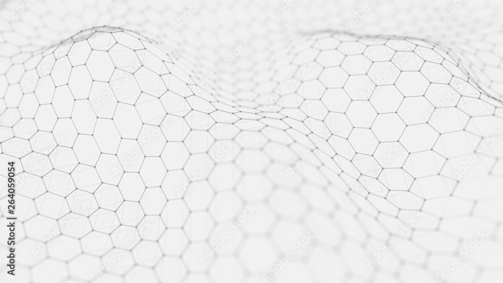 Poster futuristic white hexagon background. futuristic honeycomb concept. wave of particles. 3d rendering.