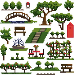 Element collection for pixel park isolated on white background. Simple vector illustration in pixel art style.