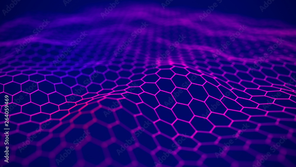 Poster futuristic blue hexagon background. futuristic honeycomb concept. wave of particles. 3d rendering.