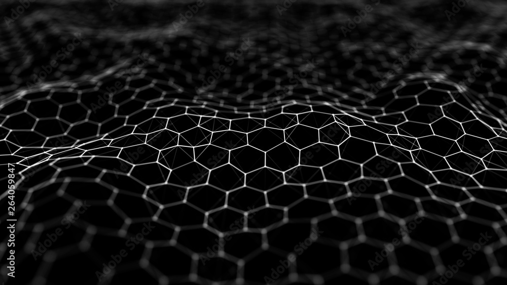 Poster futuristic black hexagon background. futuristic honeycomb concept. wave of particles. 3d rendering.