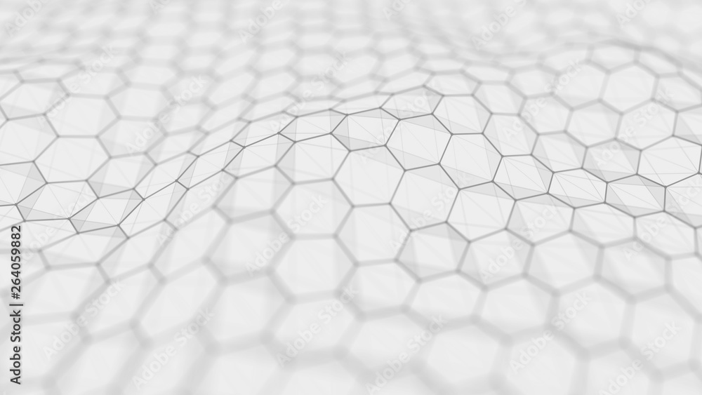 Poster futuristic white hexagon background. futuristic honeycomb concept. wave of particles. 3d rendering.