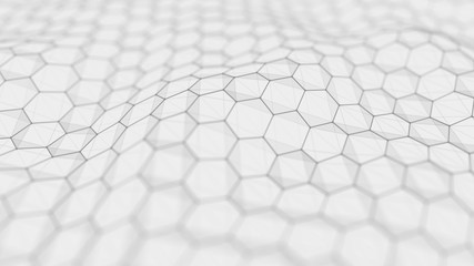 Futuristic white hexagon background. Futuristic honeycomb concept. Wave of particles. 3D rendering.