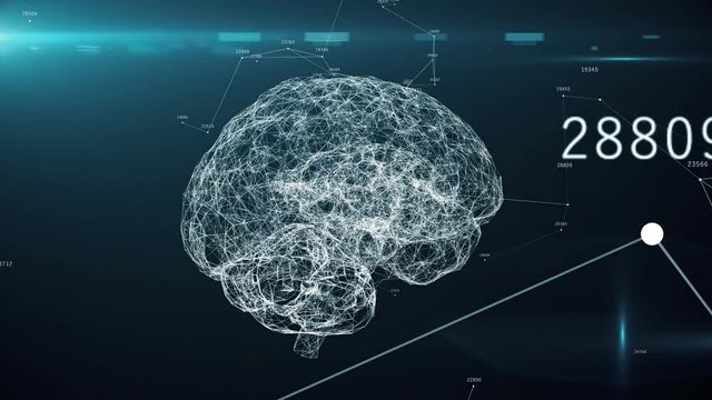 Digital brain artificial intelligence AI big data deep learning computer machine with machine code, seamless loop 3d animation