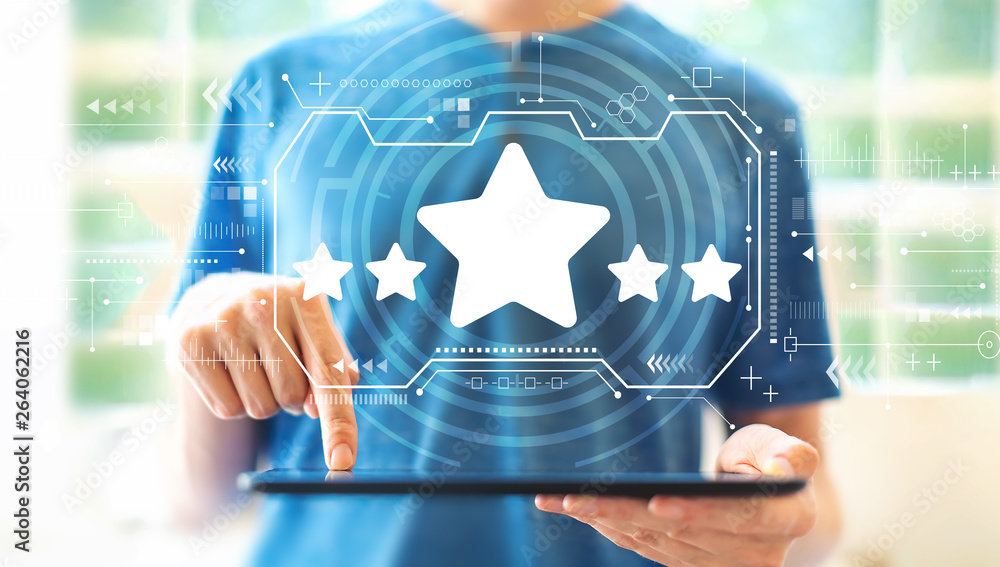 Poster five star rating with young man using a tablet computer