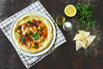 Fresh homemade hummus. Vegan theme. Middle Eastern cuisine.