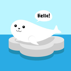 white cute flat cartoon seal on gray ice foal in blue sea saying hello