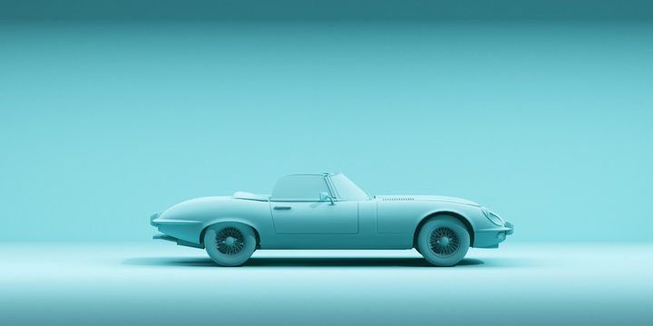 Vintage toy car on color background. minimalism design poster. Rental car for travel. 3D illustration