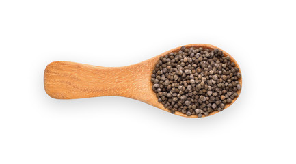 Perilla herb seed in wood spoon isolated on white background. top view