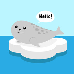 Cute flat cartoon vector gray sea dog seal smiling and saying hello on the white ice