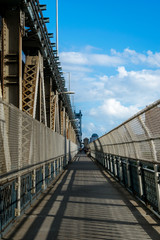 East-bound view along the Manhattan Bridge pedestrian walkway, leading from Manhattan toward Brooklyn, New York City, NY