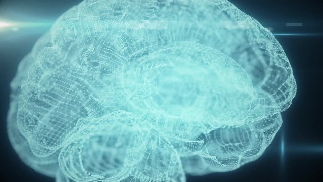 Rotating hologram of human brain, human brain formed from luminous glowing light particles spinning 360 degree, seamless loop 4k animation