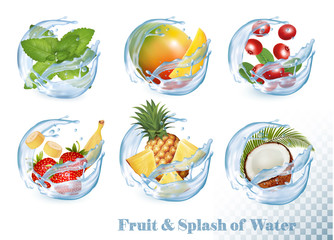 Big collection of fruit in a water splash icons. Mint, mango, crawberry, banana, strawberry, coconut. Vector Set