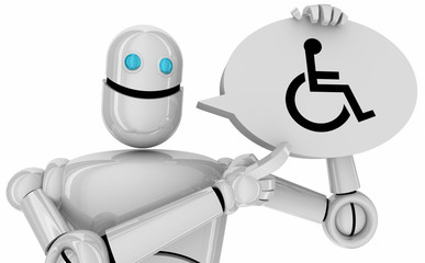 Obraz na płótnie Canvas Wheelchair Disabled Person Symbol Disability Robot Android Speech Bubble 3d Illustration