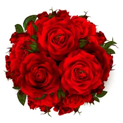 schöner Blumenstrauß mit roten Rosen und Blättern. Blumenarrangement. Design-Grußkarte und Einladung zur Hochzeit, zum Geburtstag, zum Valentinstag, zum Muttertag und zu anderen Feiertagen. © NikhomTreeVector