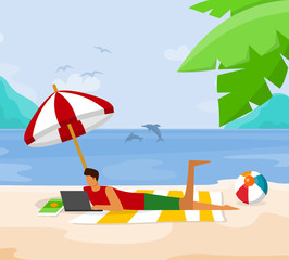 Young Man Relaxing on Beach Lying with Laptop