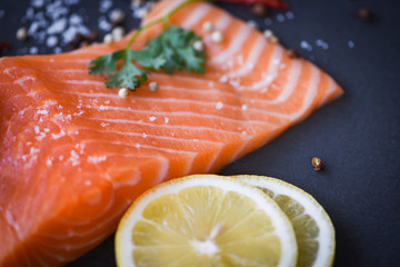 Fresh salmon fillet on dark background / Close up of raw salmon fish seafood with lemon herbs and spices