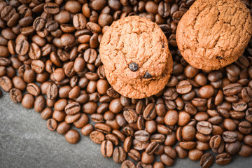 Chocolate cookies coffee beans roasted background