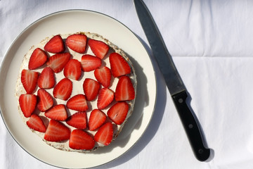 Gluten free almond sponge cake decorated with whip cream and strawberries. Top view.