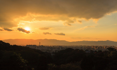 Kyoto cityscape view from Kiyomizu-dera temple at sunset background, Kyoto, Japan