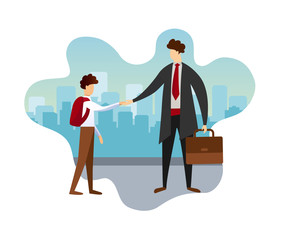 Father with Son Happy Family Hold Hands. City View