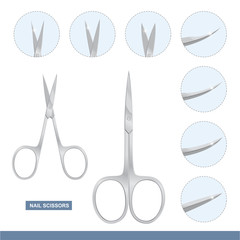 Different Types of Nail Scissors. Manicure and Pedicure Care Tools. Vector Illustration