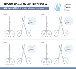 Professional Manicure Tutorial. How to Hold Manicure Scissors. Vector Illustration - obrazy, fototapety, plakaty