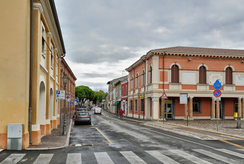 Ancient beautiful boats on Leonardesque Canal Port in Cesenatico in Emilia Romagna in Italy