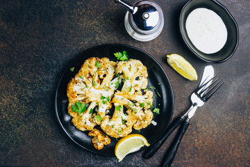 Fried cauliflower steak with greens and spices.