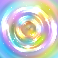 Vector round frame. Shining circle banner. Glowing spiral. Vector illustration. Pastel pink, yellow, blue, white colors.