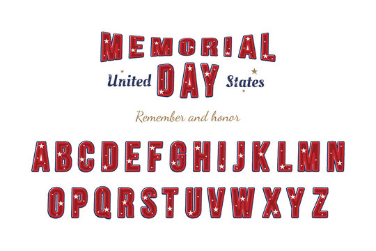 Original USA Font for Memorial Day. Latin alphabet with a set of letters for holidays. Flat illustration EPS10