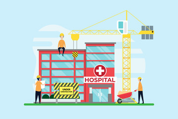 construction creative illustration vector of hospital graphics , small people in construction illustration vector , building architecture , hospital concept vector