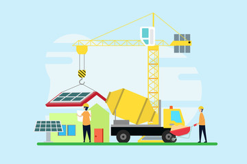 construction creative illustration vector of home graphic , small people in construction illustration vector , home architecture , home concept vector