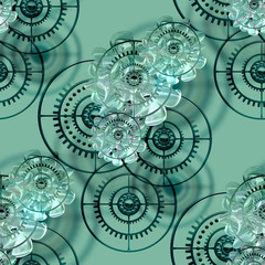 Seamless pattern of black gears and glass figures on a green background. Steampunk style. 3D illustration