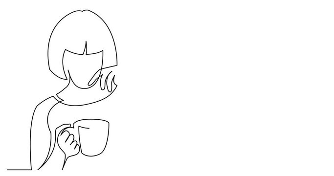 Self drawing line animation of young woman making tea holding tea bag and mug