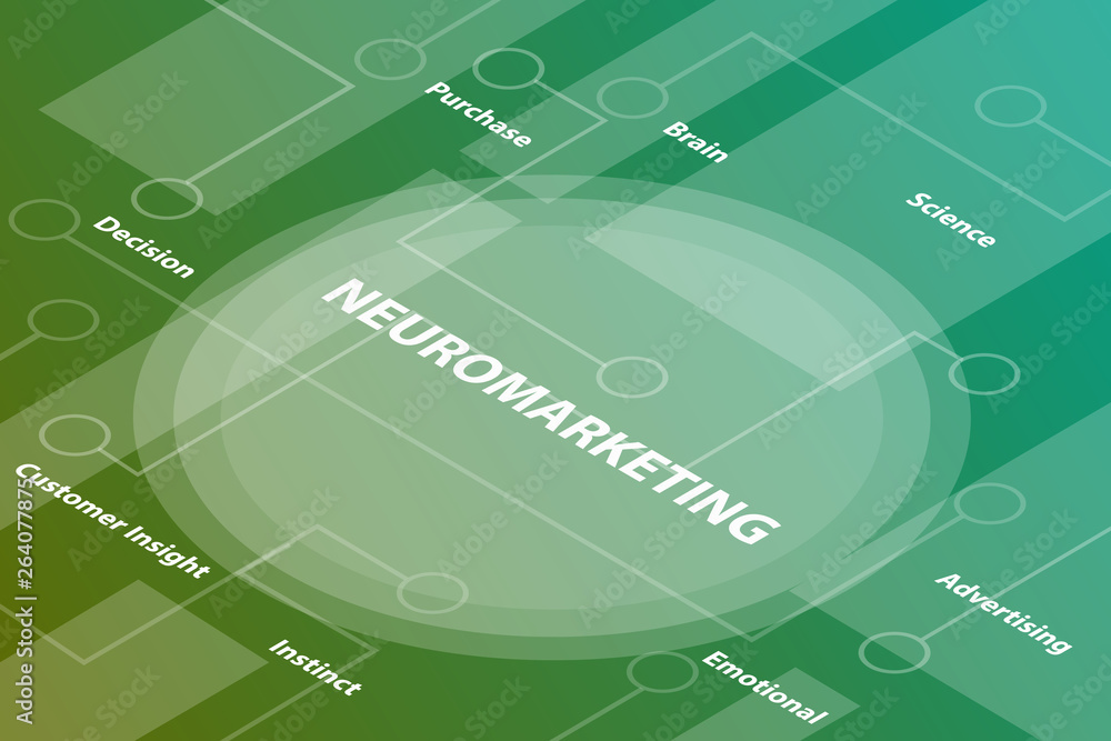 Poster neuromarketing words isometric 3d word text concept with some related text and dot connected - vecto