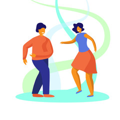 Young man and woman friends dancing together to party music on isolated background. Stylish people at festival event, outdoor concert or club dance floor