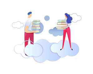 Male and Female Characters Holding Heaps of Books.