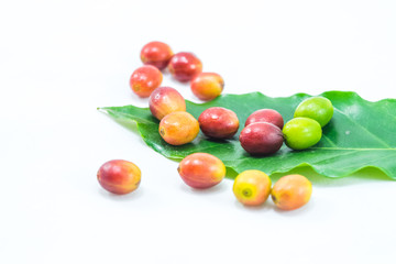 Red ripe coffee beans with green leaf