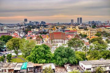 landscape from the golden mount at the City of Bangkok with sunlight in the background 