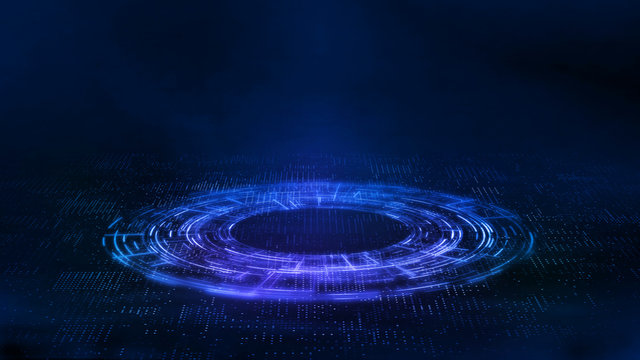 3D Rendering of abstract technology product display background. Glowing Sci-fi circle circuit hud on blue dotted data background.