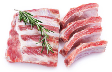 Raw pork ribs on white background. Fresh meat.